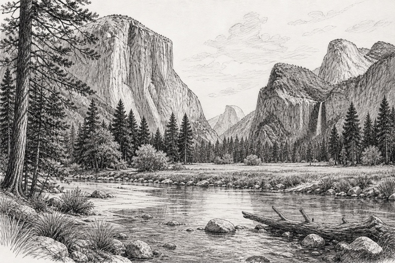 Hand-drawn pencil travel sketch for Yosemite Valley, United States